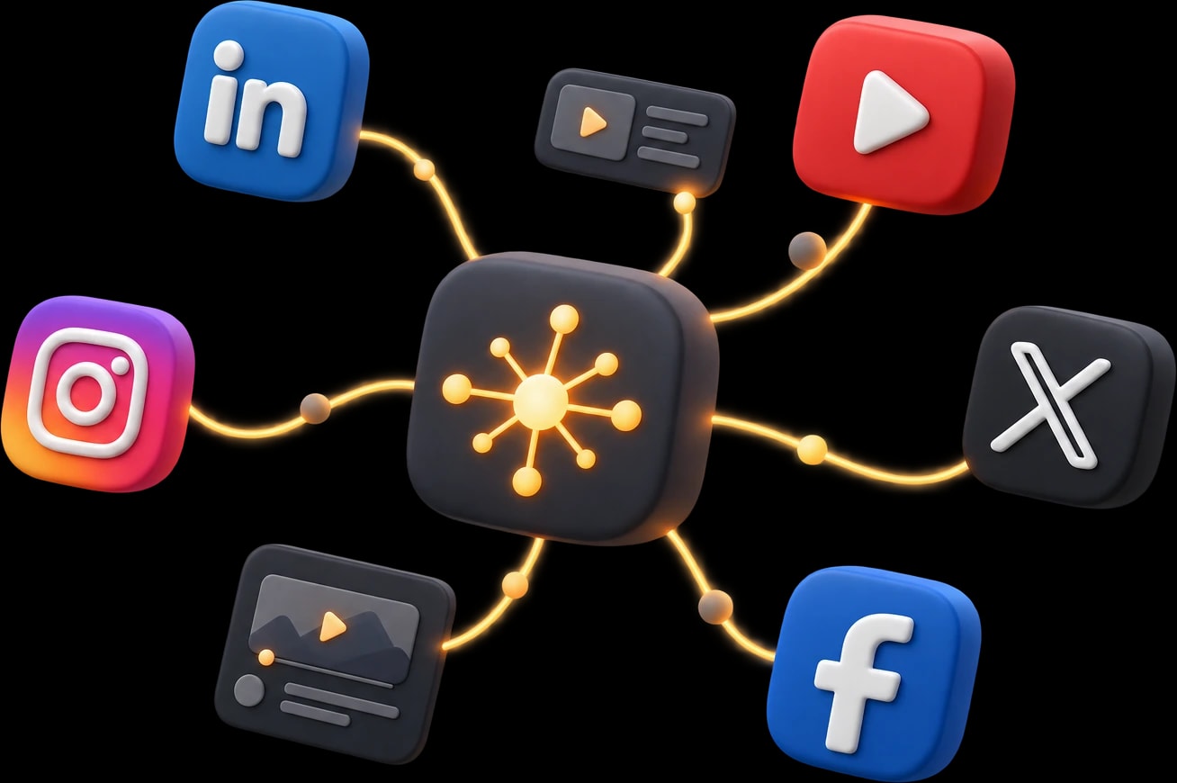 An AI turns ideas into content and publishes it to LinkedIn, YouTube, Instagram, X, and Facebook